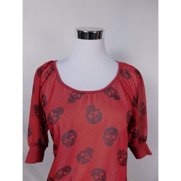 Red Semi-Sheer Skull Print Blouse Womens S Back Zipper & 3/4 Sleeves - Picture 7 of 12